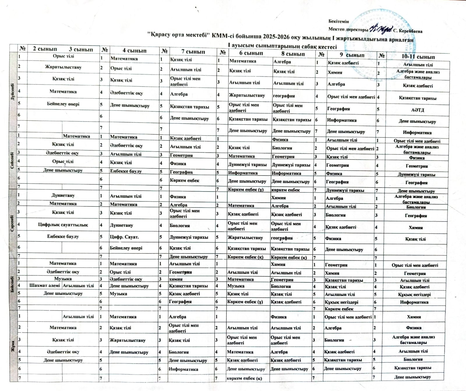 2025-2026 оқу жылындағы сабақ кестесі